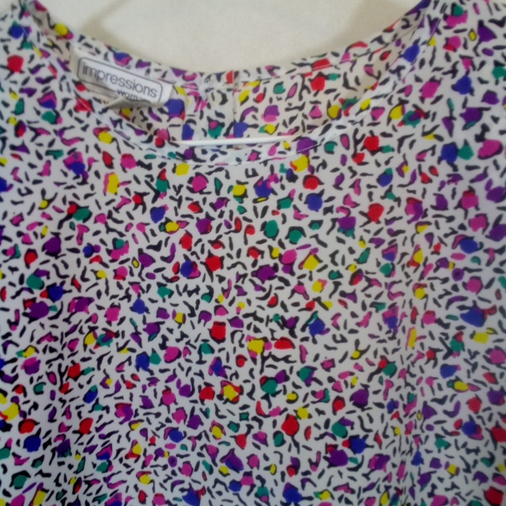 Vintage 80's SS Funky Multi Color Geo Shapes Pullover Crew Neck Blouse Top Shirt - Picture 2 of 6